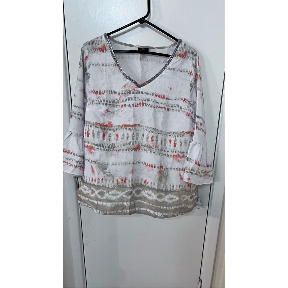 JM Collection Womens Printed Bell Sleeve Top Stone Combo Beige Plus Size 1X NWT